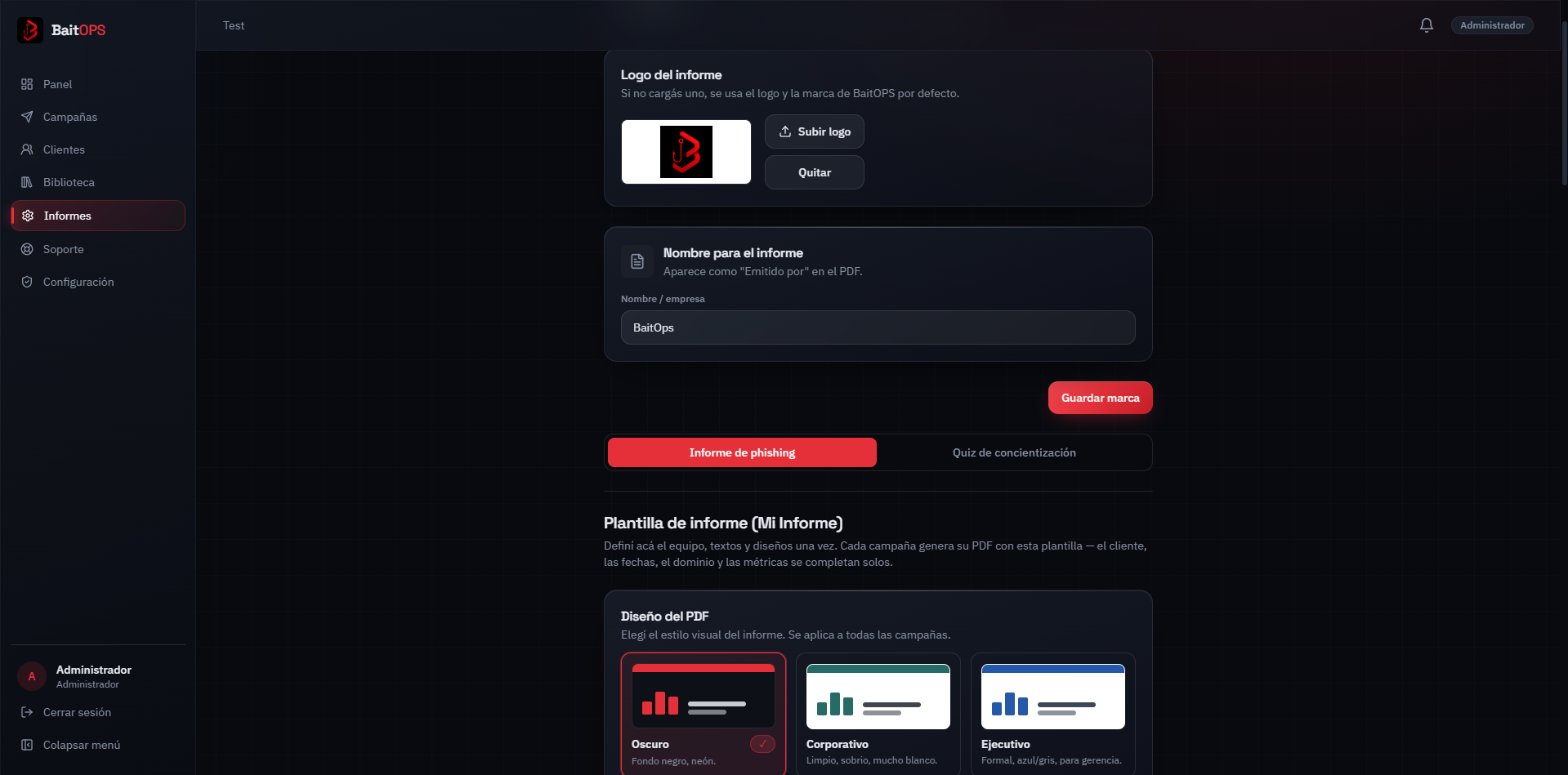 Editor de plantillas de correo phishing con vista previa