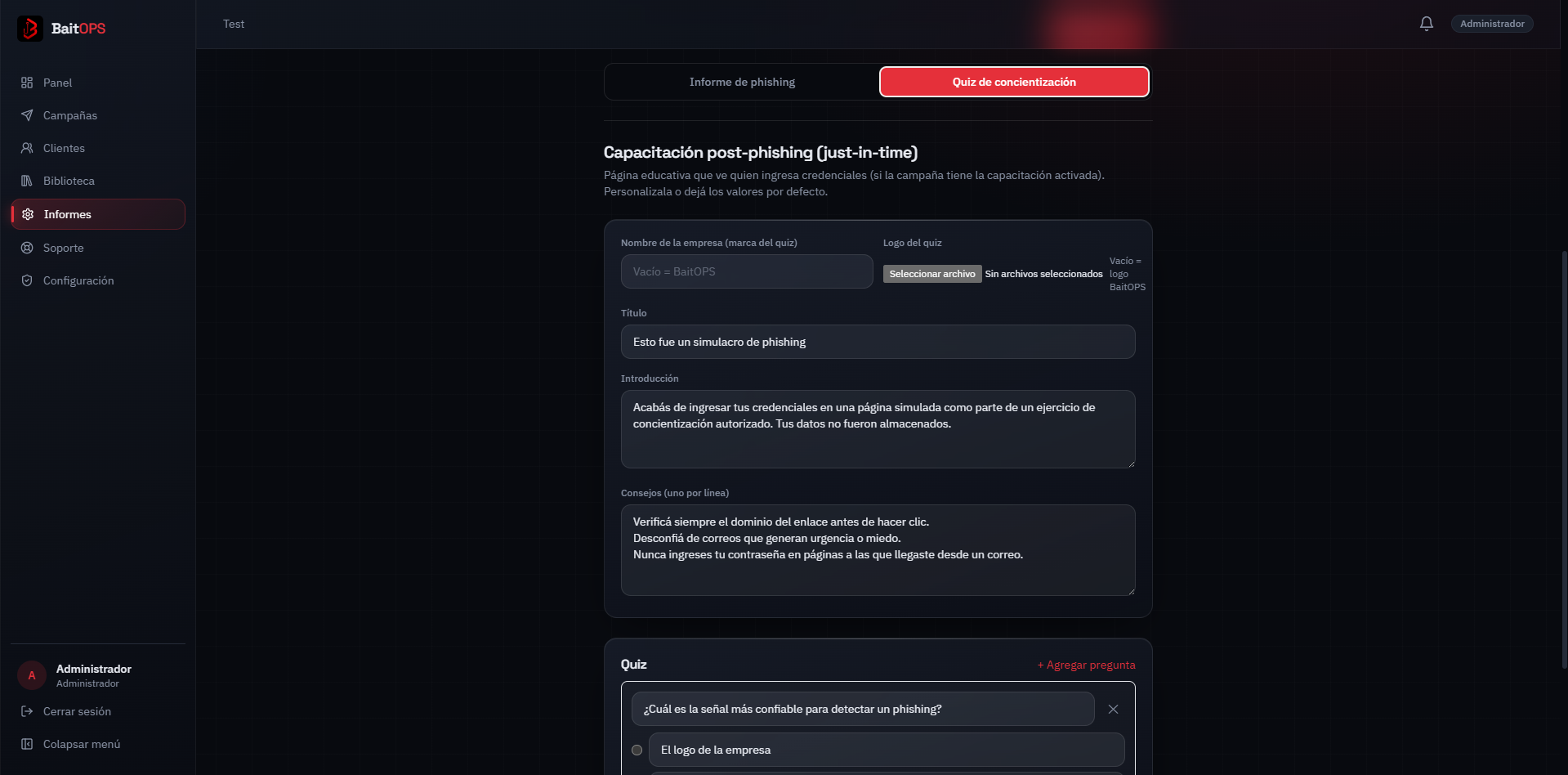 Métricas de campaña por área y empleado en tiempo real